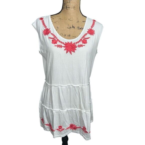 Garnet Hill White Sleeveless Tunic With Pink‎ Embroidered Details  Medium - Picture 1 of 7